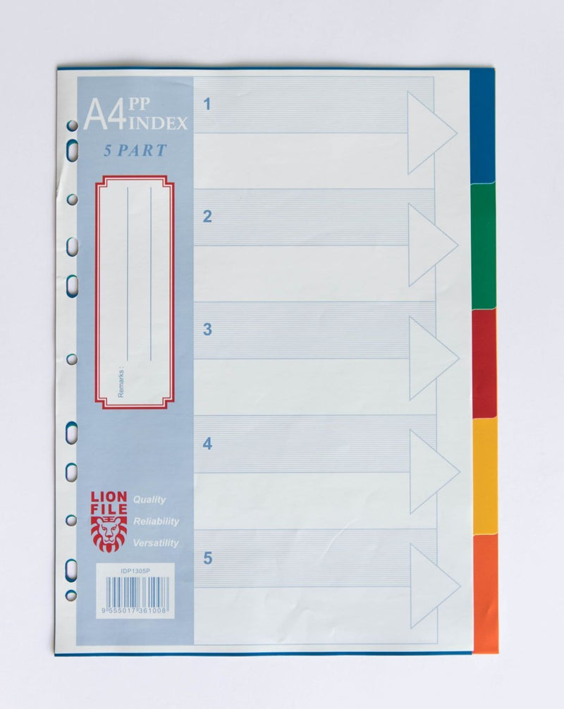 LIONFILE A4 5 COLOURED tab Index Dividers 0.13mm PP