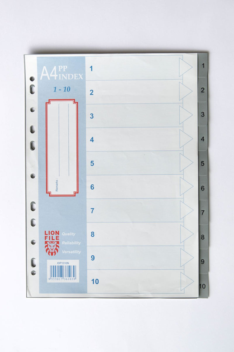 LIONFILE A4 10 tab Index Dividers 0.13mm PP Numbered