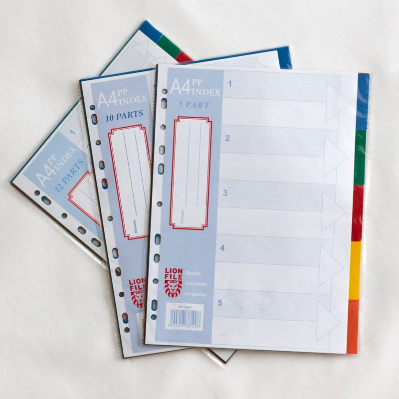 LIONFILE A4 5 COLOURED tab Index Dividers 0.13mm PP