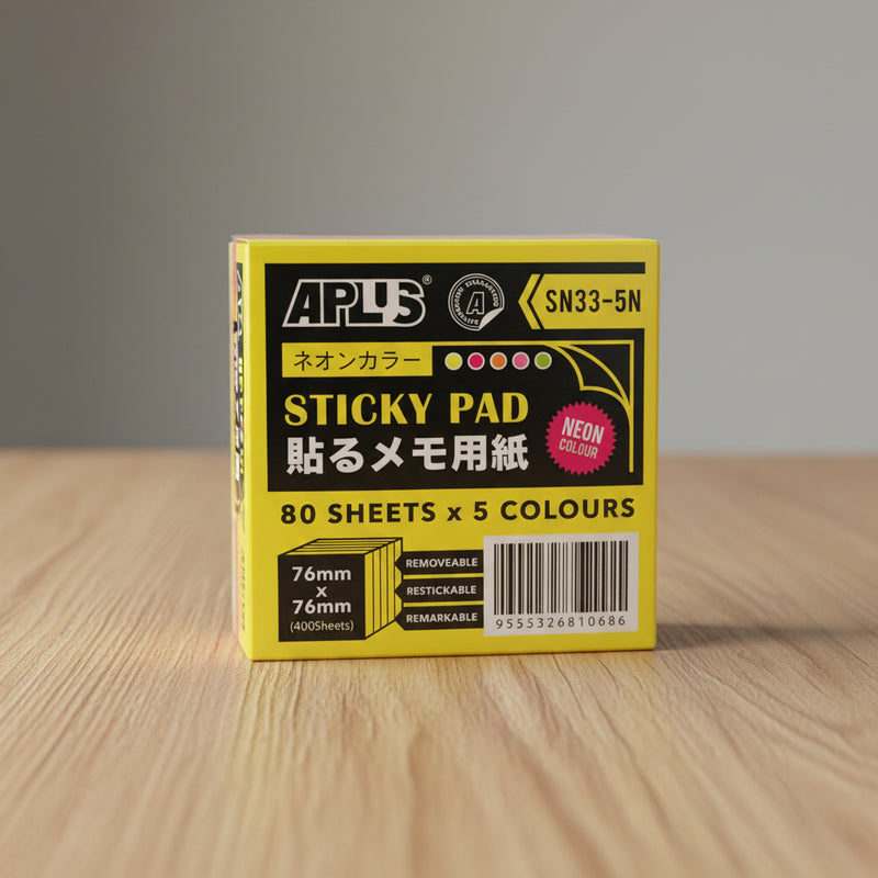 Aplus Sticky Pad Neon Colour 3" x 3" (SN33-5N)