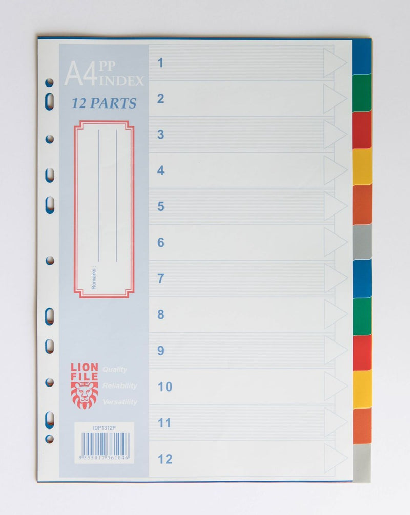 LIONFILE A4 12 COLOURED tab Index Dividers 0.13mm PP