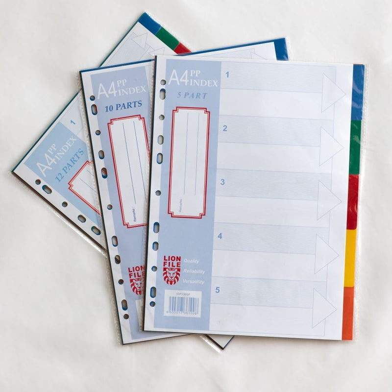 LIONFILE A4 10 COLOURED tab Index Dividers 0.13mm PP